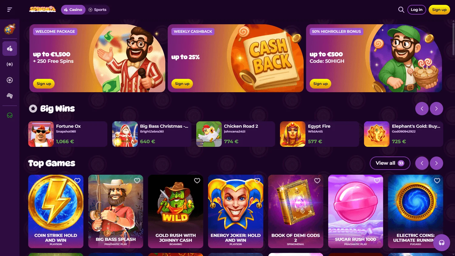 Spinania Casino games interface on a desktop screen