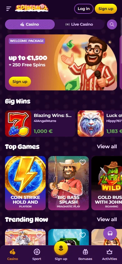 Spinania Casino games interface on a mobile screen