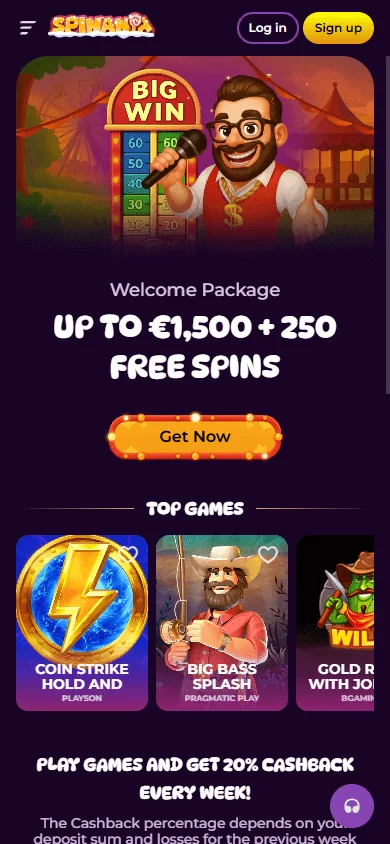 Spinania Casino home interface on a mobile screen