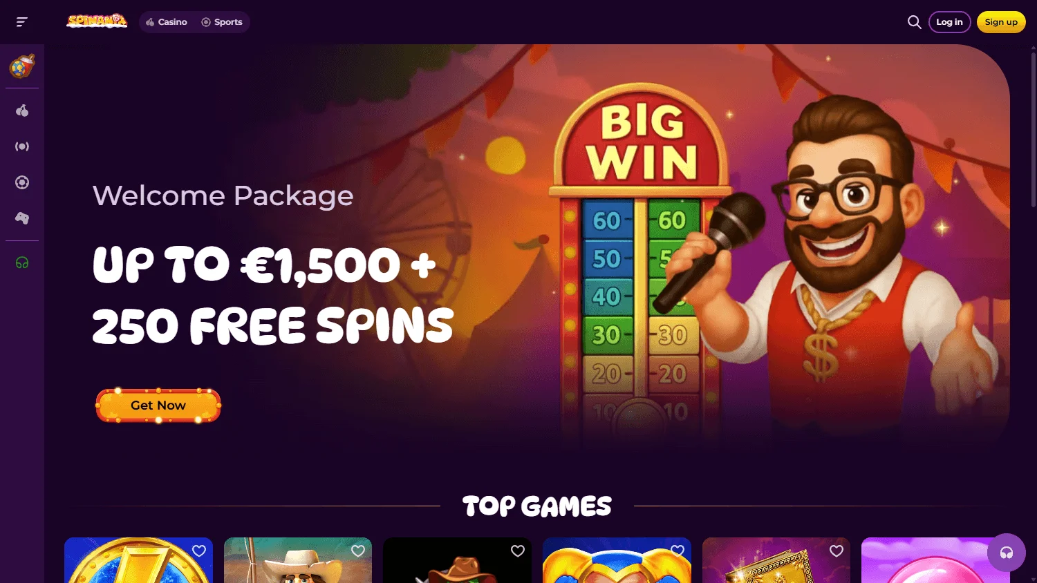 Spinania Casino home interface on a desktop screen
