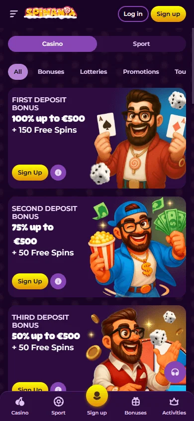 Spinania Casino promotions interface on a mobile screen