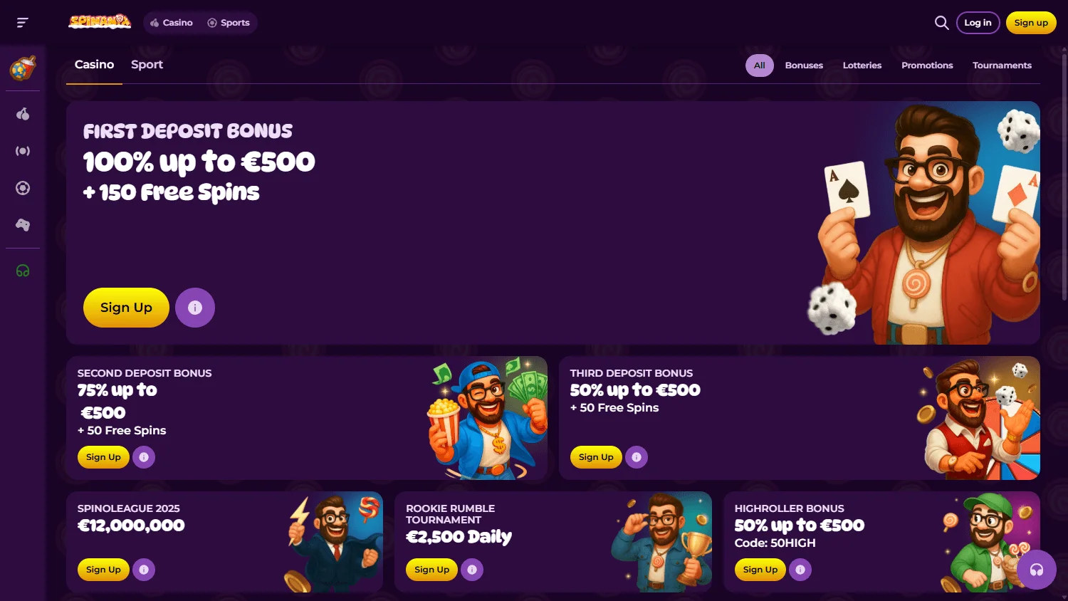 Spinania Casino promotions interface on a desktop screen